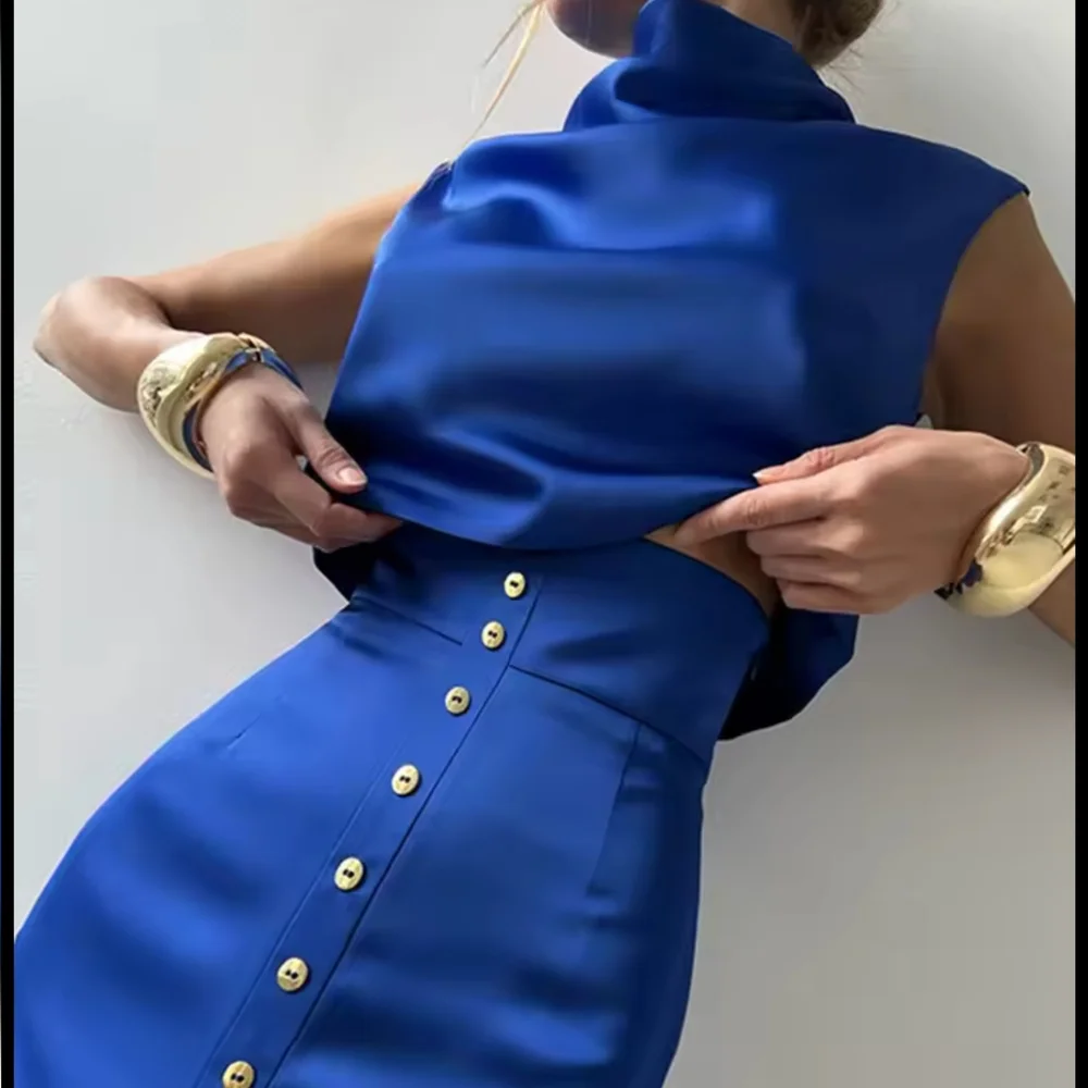 Elegant Crop Top Skirt Set Women Turtleneck Sleeveless Vest High Waist Button - Picture 5 of 7